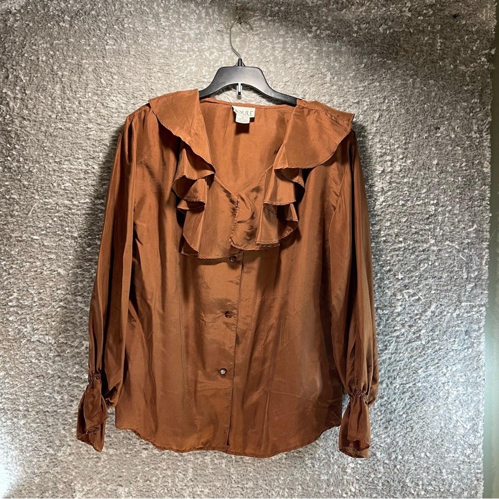Vintage Ruffle Collar Silk Long Sleeve Button Up Top Small Brown By Joule Energy